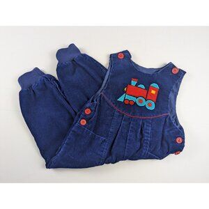 Vintage Boy's Corduroy Romper 12 Mo. w Embroidered Train Long Overalls